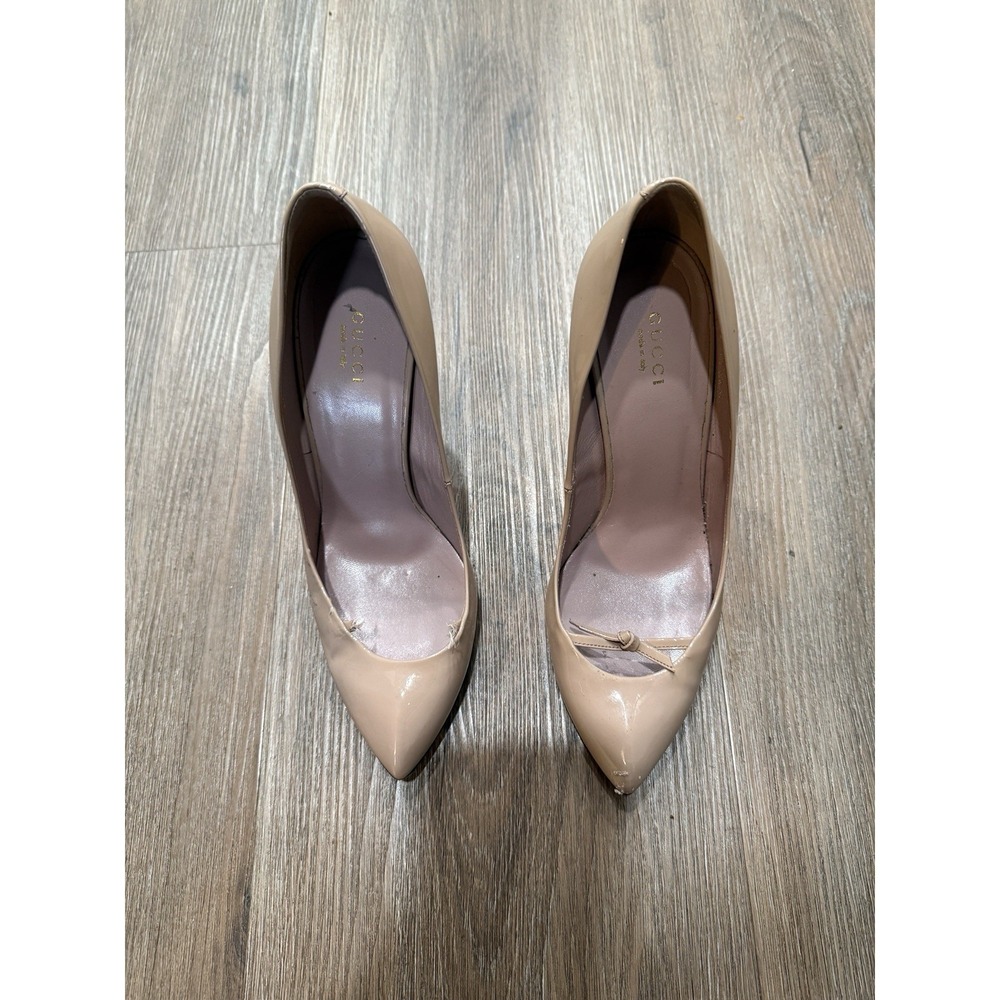 Gucci‎ Pump Beige Patent Bow Stiletto Pointed Toe Women's Heel 39.5